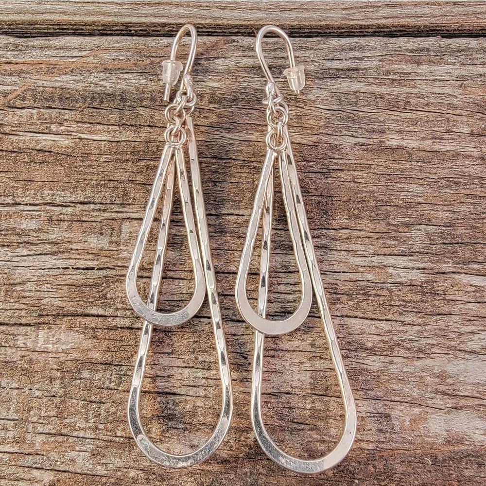 Sterling Two Tier Hammered Dangle Drop Hoop Earrings